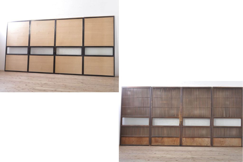 アンティーク建具　2Wayで楽しめる!懐かしい雰囲気の格子戸・ふすま戸の4枚セット(引き戸、ガラス帯戸)(R-072917)