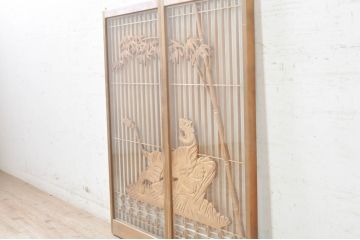 ビンテージ建具　希少　両面ガラス　迫力ある虎の彫刻入り書院戸2枚セット(窓、引き戸、ガラス戸、ヴィンテージ)(R-072947)