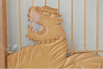 ビンテージ建具　希少　両面ガラス　迫力ある虎の彫刻入り書院戸2枚セット(窓、引き戸、ガラス戸、ヴィンテージ)(R-072947)