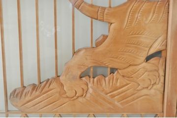 ビンテージ建具　希少　両面ガラス　迫力ある虎の彫刻入り書院戸2枚セット(窓、引き戸、ガラス戸、ヴィンテージ)(R-072947)