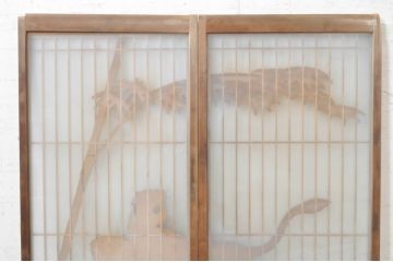 ビンテージ建具　希少　両面ガラス　迫力ある虎の彫刻入り書院戸2枚セット(窓、引き戸、ガラス戸、ヴィンテージ)(R-072947)