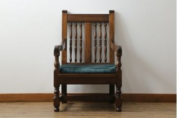 中古　松本民芸家具　洋館に似合う佇まいのD型布張り椅子(アームチェア、1人掛けソファ)(R-072965)