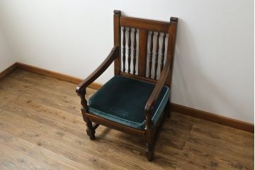 中古　松本民芸家具　洋館に似合う佇まいのD型布張り椅子(アームチェア、1人掛けソファ)(R-072965)
