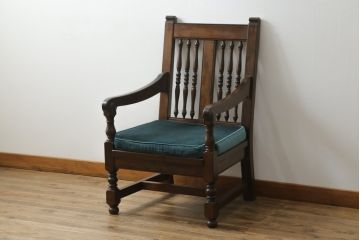 中古　松本民芸家具　洋館に似合う佇まいのD型布張り椅子(アームチェア、1人掛けソファ)(R-072966)