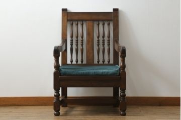 中古　松本民芸家具　洋館に似合う佇まいのD型布張り椅子(アームチェア、1人掛けソファ)(R-072966)