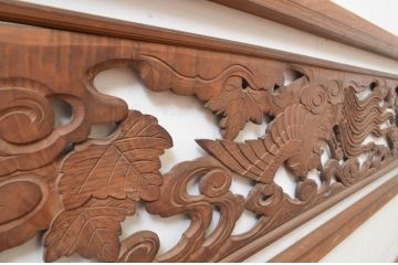 アンティーク建具　雲に鳳凰の図　村上壽作　和の空間を彩る彫刻欄間1枚(明かり取り、明り取り、在銘有り)(R-072978)