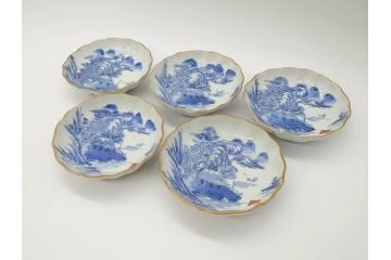 江戸後期〜幕末　伊万里　染付　山水図　約14cm　4.4寸　細やかな意匠が施された上品な雰囲気を高めるなます皿5枚セット(深皿、和皿、和食器、四寸四分)(R-073011)