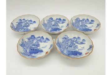 江戸後期〜幕末　伊万里　染付　山水図　約14cm　4.4寸　細やかな意匠が施された上品な雰囲気を高めるなます皿5枚セット(深皿、和皿、和食器、四寸四分)(R-073011)