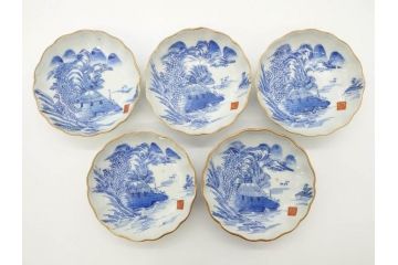 江戸後期〜幕末　伊万里　染付　山水図　約14cm　4.4寸　細やかな意匠が施された上品な雰囲気を高めるなます皿5枚セット(深皿、和皿、和食器、四寸四分)(R-073011)