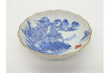 江戸後期〜幕末　伊万里　染付　山水図　約14cm　4.4寸　細やかな意匠が施された上品な雰囲気を高めるなます皿5枚セット(深皿、和皿、和食器、四寸四分)(R-073011)