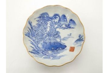 江戸後期〜幕末　伊万里　染付　山水図　約14cm　4.4寸　細やかな意匠が施された上品な雰囲気を高めるなます皿5枚セット(深皿、和皿、和食器、四寸四分)(R-073011)