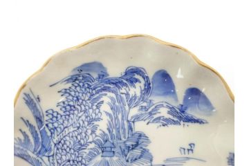 江戸後期〜幕末　伊万里　染付　山水図　約14cm　4.4寸　細やかな意匠が施された上品な雰囲気を高めるなます皿5枚セット(深皿、和皿、和食器、四寸四分)(R-073011)