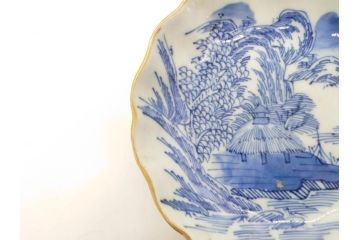 江戸後期〜幕末　伊万里　染付　山水図　約14cm　4.4寸　細やかな意匠が施された上品な雰囲気を高めるなます皿5枚セット(深皿、和皿、和食器、四寸四分)(R-073011)
