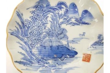 江戸後期〜幕末　伊万里　染付　山水図　約14cm　4.4寸　細やかな意匠が施された上品な雰囲気を高めるなます皿5枚セット(深皿、和皿、和食器、四寸四分)(R-073011)