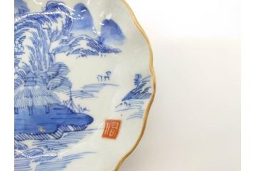 江戸後期〜幕末　伊万里　染付　山水図　約14cm　4.4寸　細やかな意匠が施された上品な雰囲気を高めるなます皿5枚セット(深皿、和皿、和食器、四寸四分)(R-073011)
