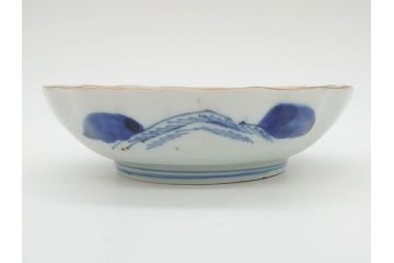 江戸後期〜幕末　伊万里　染付　山水図　約14cm　4.4寸　細やかな意匠が施された上品な雰囲気を高めるなます皿5枚セット(深皿、和皿、和食器、四寸四分)(R-073011)