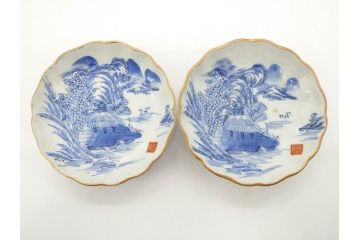 江戸後期〜幕末　伊万里　染付　山水図　約14cm　4.4寸　細やかな意匠が施された上品な雰囲気を高めるなます皿5枚セット(深皿、和皿、和食器、四寸四分)(R-073011)