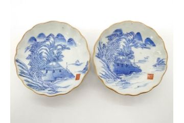 江戸後期〜幕末　伊万里　染付　山水図　約14cm　4.4寸　細やかな意匠が施された上品な雰囲気を高めるなます皿5枚セット(深皿、和皿、和食器、四寸四分)(R-073011)