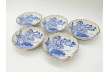 江戸後期〜幕末　伊万里　染付　山水図　約14cm　4.4寸　細やかな意匠が施された上品な雰囲気を高めるなます皿5枚セット(深皿、和皿、和食器、四寸四分)(R-073012)