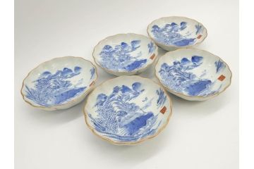 江戸後期〜幕末　伊万里　染付　山水図　約14cm　4.4寸　細やかな意匠が施された上品な雰囲気を高めるなます皿5枚セット(深皿、和皿、和食器、四寸四分)(R-073012)