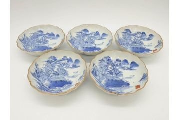 江戸後期〜幕末　伊万里　染付　山水図　約14cm　4.4寸　細やかな意匠が施された上品な雰囲気を高めるなます皿5枚セット(深皿、和皿、和食器、四寸四分)(R-073012)