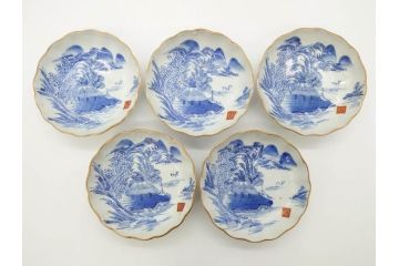江戸後期〜幕末　伊万里　染付　山水図　約14cm　4.4寸　細やかな意匠が施された上品な雰囲気を高めるなます皿5枚セット(深皿、和皿、和食器、四寸四分)(R-073012)