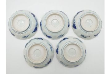 江戸後期〜幕末　伊万里　染付　山水図　約14cm　4.4寸　細やかな意匠が施された上品な雰囲気を高めるなます皿5枚セット(深皿、和皿、和食器、四寸四分)(R-073012)