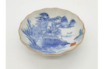 江戸後期〜幕末　伊万里　染付　山水図　約14cm　4.4寸　細やかな意匠が施された上品な雰囲気を高めるなます皿5枚セット(深皿、和皿、和食器、四寸四分)(R-073012)