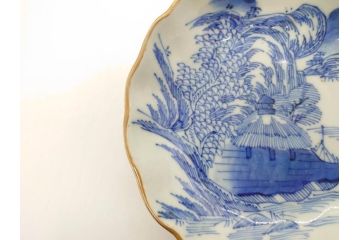 江戸後期〜幕末　伊万里　染付　山水図　約14cm　4.4寸　細やかな意匠が施された上品な雰囲気を高めるなます皿5枚セット(深皿、和皿、和食器、四寸四分)(R-073012)