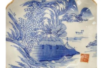 江戸後期〜幕末　伊万里　染付　山水図　約14cm　4.4寸　細やかな意匠が施された上品な雰囲気を高めるなます皿5枚セット(深皿、和皿、和食器、四寸四分)(R-073012)