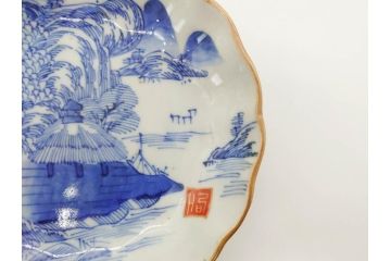 江戸後期〜幕末　伊万里　染付　山水図　約14cm　4.4寸　細やかな意匠が施された上品な雰囲気を高めるなます皿5枚セット(深皿、和皿、和食器、四寸四分)(R-073012)