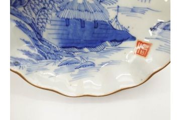 江戸後期〜幕末　伊万里　染付　山水図　約14cm　4.4寸　細やかな意匠が施された上品な雰囲気を高めるなます皿5枚セット(深皿、和皿、和食器、四寸四分)(R-073012)