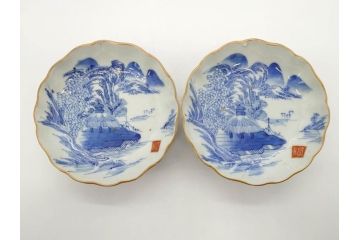 江戸後期〜幕末　伊万里　染付　山水図　約14cm　4.4寸　細やかな意匠が施された上品な雰囲気を高めるなます皿5枚セット(深皿、和皿、和食器、四寸四分)(R-073012)