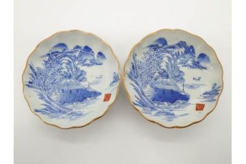 江戸後期〜幕末　伊万里　染付　山水図　約14cm　4.4寸　細やかな意匠が施された上品な雰囲気を高めるなます皿5枚セット(深皿、和皿、和食器、四寸四分)(R-073012)