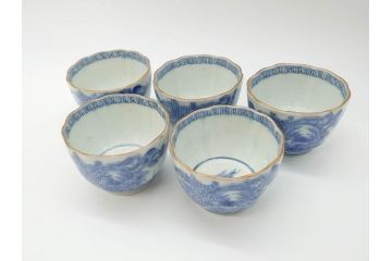 江戸後期〜幕末　伊万里　染付　山水図　藍色の濃淡が美しいそば猪口5客セット(蕎麦猪口、湯呑み、湯のみ、和食器)(R-073013)
