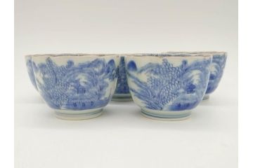 江戸後期〜幕末　伊万里　染付　山水図　藍色の濃淡が美しいそば猪口5客セット(蕎麦猪口、湯呑み、湯のみ、和食器)(R-073013)