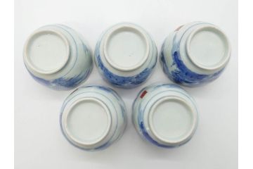 江戸後期〜幕末　伊万里　染付　山水図　藍色の濃淡が美しいそば猪口5客セット(蕎麦猪口、湯呑み、湯のみ、和食器)(R-073013)