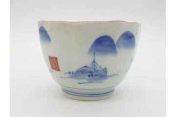 江戸後期〜幕末　伊万里　染付　山水図　藍色の濃淡が美しいそば猪口5客セット(蕎麦猪口、湯呑み、湯のみ、和食器)(R-073013)