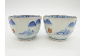 江戸後期〜幕末　伊万里　染付　山水図　藍色の濃淡が美しいそば猪口5客セット(蕎麦猪口、湯呑み、湯のみ、和食器)(R-073013)