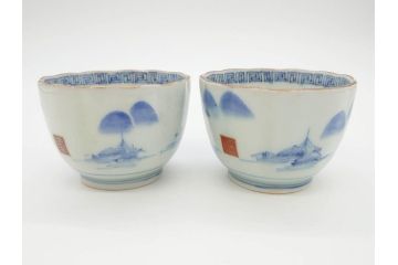江戸後期〜幕末　伊万里　染付　山水図　藍色の濃淡が美しいそば猪口5客セット(蕎麦猪口、湯呑み、湯のみ、和食器)(R-073013)