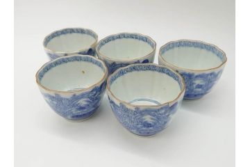 江戸後期〜幕末　伊万里　染付　山水図　藍色の濃淡が美しいそば猪口5客セット(蕎麦猪口、湯呑み、湯のみ、和食器)(R-073014)