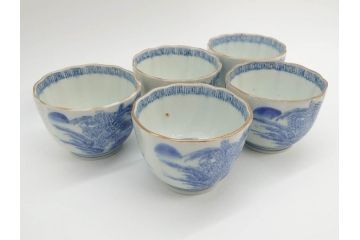 江戸後期〜幕末　伊万里　染付　山水図　藍色の濃淡が美しいそば猪口5客セット(蕎麦猪口、湯呑み、湯のみ、和食器)(R-073014)