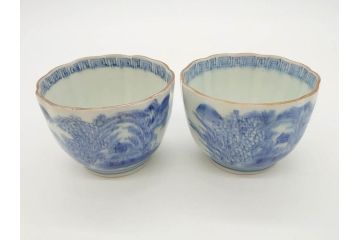 江戸後期〜幕末　伊万里　染付　山水図　藍色の濃淡が美しいそば猪口5客セット(蕎麦猪口、湯呑み、湯のみ、和食器)(R-073014)