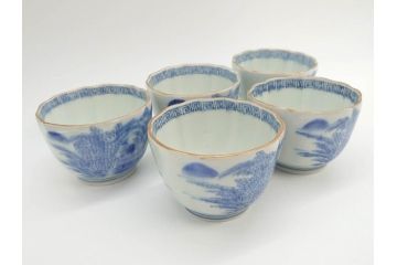 江戸後期〜幕末　伊万里　染付　山水図　藍色の濃淡が美しいそば猪口5客セット(蕎麦猪口、湯呑み、湯のみ、和食器)(R-073015)
