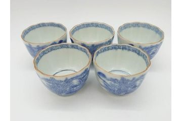 江戸後期〜幕末　伊万里　染付　山水図　藍色の濃淡が美しいそば猪口5客セット(蕎麦猪口、湯呑み、湯のみ、和食器)(R-073015)
