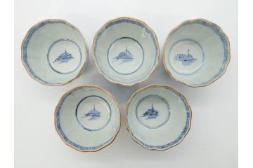 江戸後期〜幕末　伊万里　染付　山水図　藍色の濃淡が美しいそば猪口5客セット(蕎麦猪口、湯呑み、湯のみ、和食器)(R-073015)