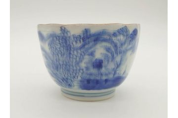 江戸後期〜幕末　伊万里　染付　山水図　藍色の濃淡が美しいそば猪口5客セット(蕎麦猪口、湯呑み、湯のみ、和食器)(R-073015)