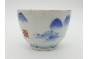 江戸後期〜幕末　伊万里　染付　山水図　藍色の濃淡が美しいそば猪口5客セット(蕎麦猪口、湯呑み、湯のみ、和食器)(R-073015)