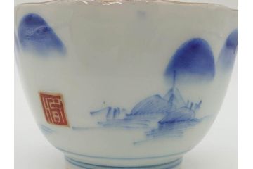 江戸後期〜幕末　伊万里　染付　山水図　藍色の濃淡が美しいそば猪口5客セット(蕎麦猪口、湯呑み、湯のみ、和食器)(R-073015)