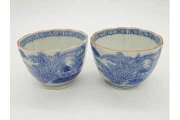 江戸後期〜幕末　伊万里　染付　山水図　藍色の濃淡が美しいそば猪口5客セット(蕎麦猪口、湯呑み、湯のみ、和食器)(R-073015)
